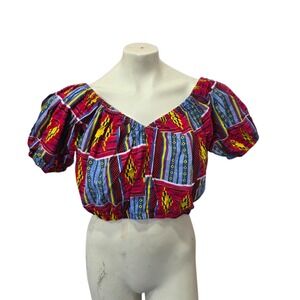 D'IYANU African Print Off Shoulder Crop Top XL Puff Sleeve Ankara Boho Festival
